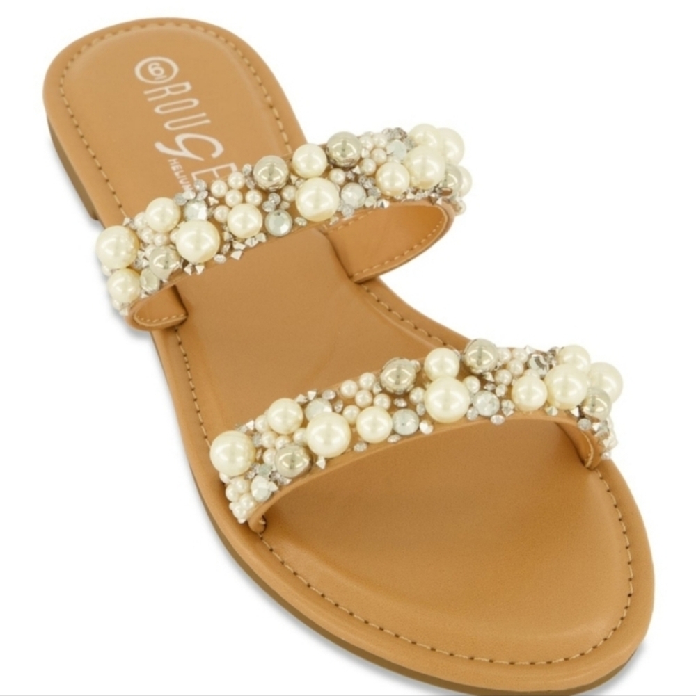 Women's Tan Pearl Embellished Sandals Sz 11